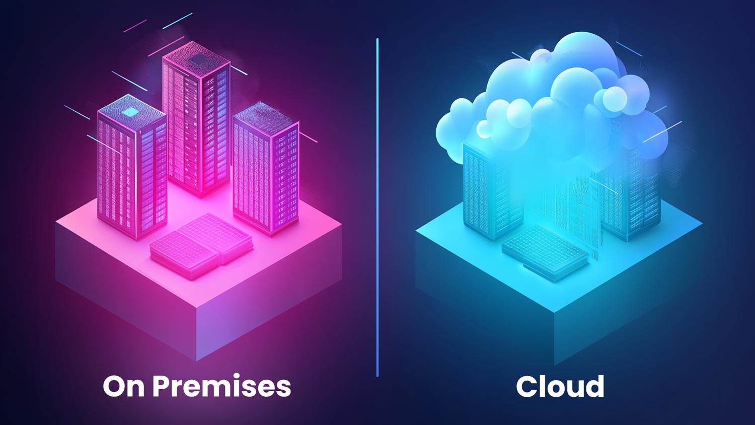 Symbolische Gegenüberstellung von On Premises vs Cloud 